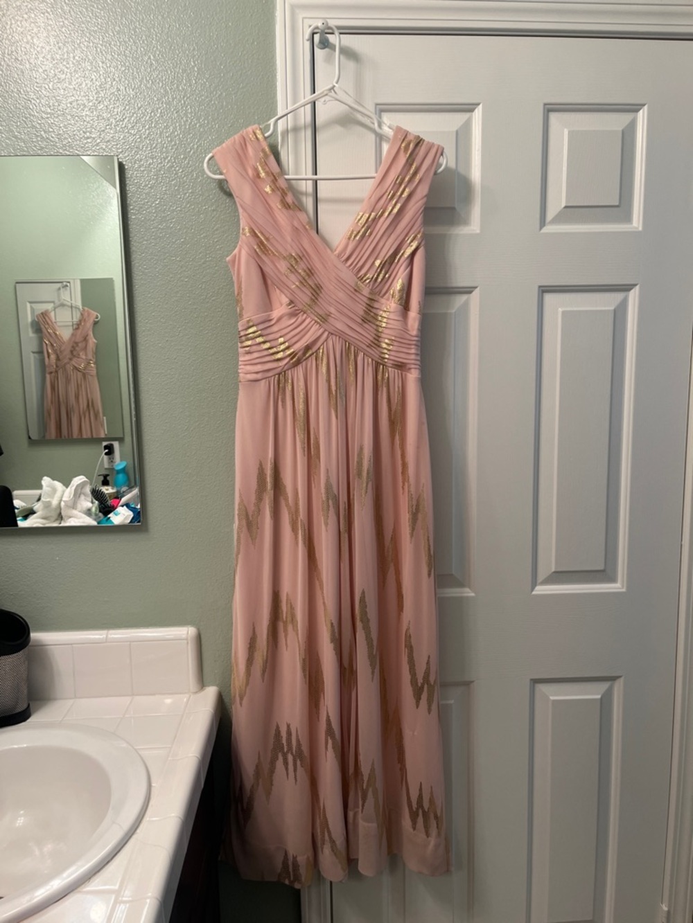 Blush Pink Sleeveless V-Neck Maxi Dress with Gold Detail